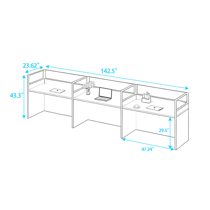 Bureau rectangulaire pour 3 personnes, H 43,3 po x l 142,5 po x P 23,6 po