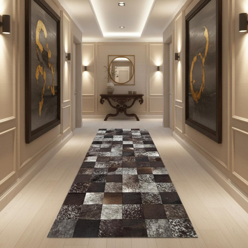 Tapis en cuir de vache brun foncé et cuir de couloir, Tapis de couloir 2 pi x 7 pi 6 po