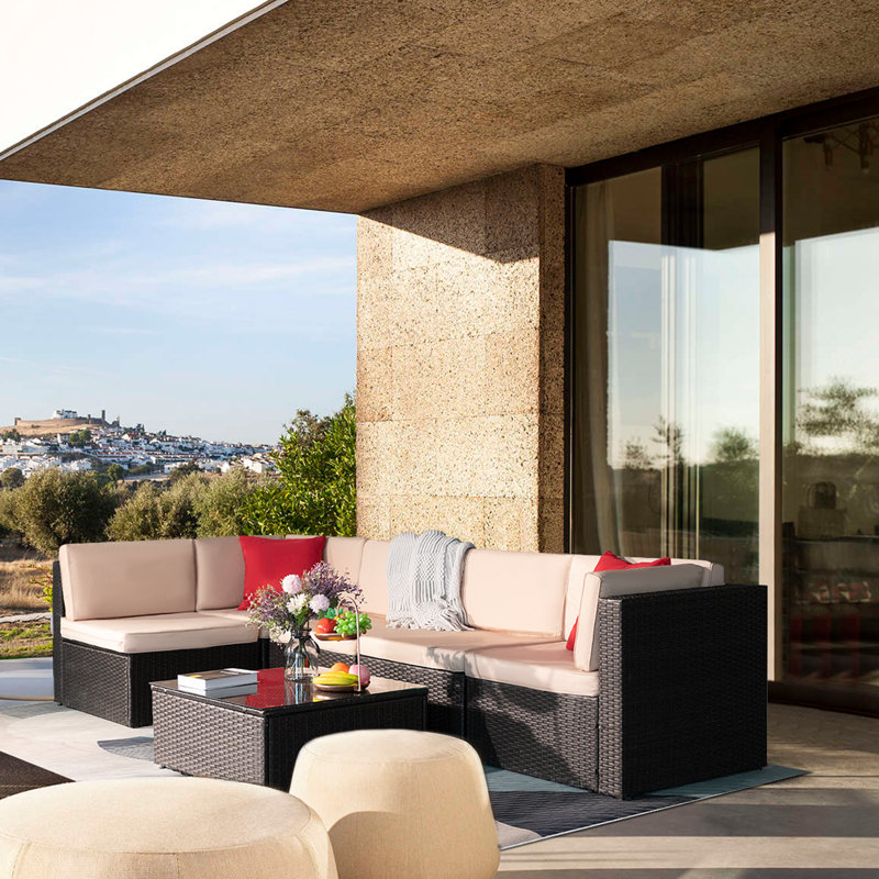 Ensemble de conversation modulaire en rotin 6 pièces avec coussins Ellison, Rouge / Beige