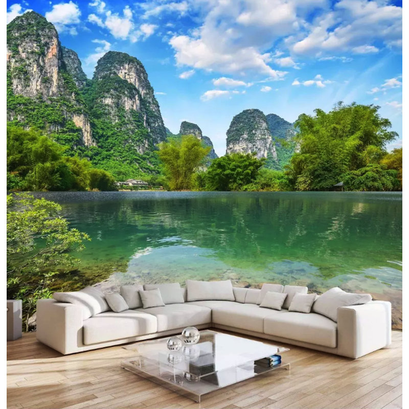 Papier peint texturé amovible Lake Landscape Mountain, l 187 po x L 106 po