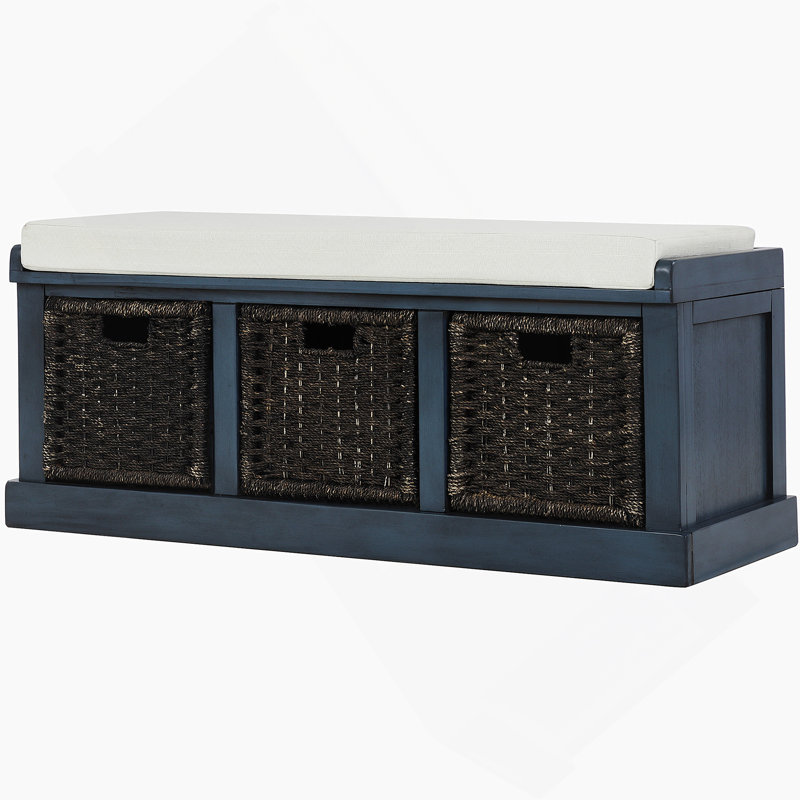 Storage Bench With Removable Classic Rattan Basket, Entryway Bench With Removable Cushion, Antique Navy