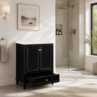 27.8" Mid-Century Modern Freestanding Bathroom Vanity Set with Storage, Reinforced Legs, Painted Surface, Drawer and Hidden Storage Shelves, High-End Restroom Vanity Cabinet