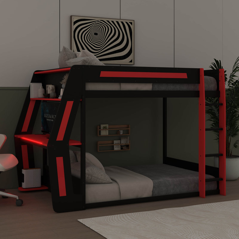 Lit superposé double pleine grandeur avec bureau RVB latéral surdimensionné, connecteurs USB et trou pour câbles, barre lumineuse à DEL, structure de loft Esports robuste