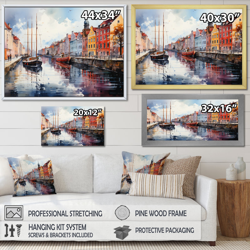 «Danemark Canal Promenade I», reproduction sur toile, H 12 po x l 20 po x P 1 po, Encadrement doré