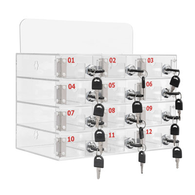 Lockable Acrylic Cell Phone Storage Box with 12 Individual Compartments Dual Use Freestanding Wall Mount Mobile Phone Storage Cabinet with Unique Matching Keys for Conference Room Hotel Workplace