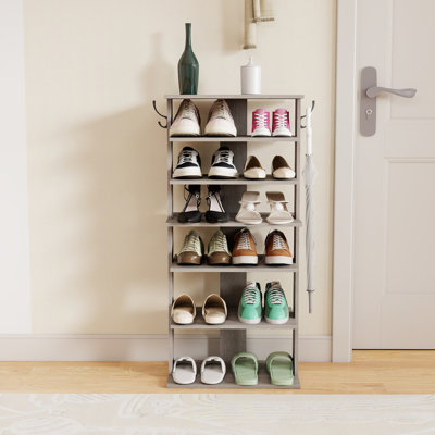 Range-chaussures, range-chaussures à 7 niveaux avec crochets, tour à chaussures d'entrée, 12 à 14 paires de chaussures, range-chaussures vertical, range-chaussures vertical, assemblage facile, économie d'espace, gris rustique, rangement pour chaussures