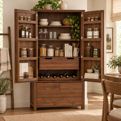 Armoire de cuisine Brassora de 183 cm de haut avec 8 tablettes de porte, casier à vin intégré, 4 tiroirs de rangement, 2 étagères réglables, poignées anneaux en laiton antique, charnières à fermeture douce, butées de porte magnétiques