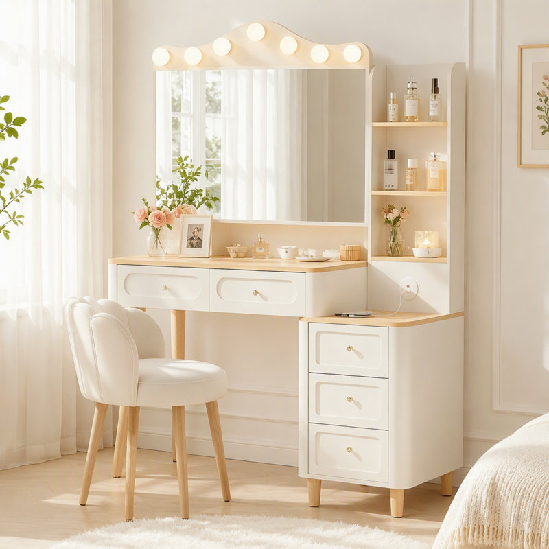 Bureau de coiffeuse avec miroir et lumières, coiffeuse de maquillage avec 2 barrettes d'alimentation USB, ensemble de coiffeuse avec deux tiroirs, 3 modes d'éclairage à luminosité réglable, miroir pliable à trois côtés