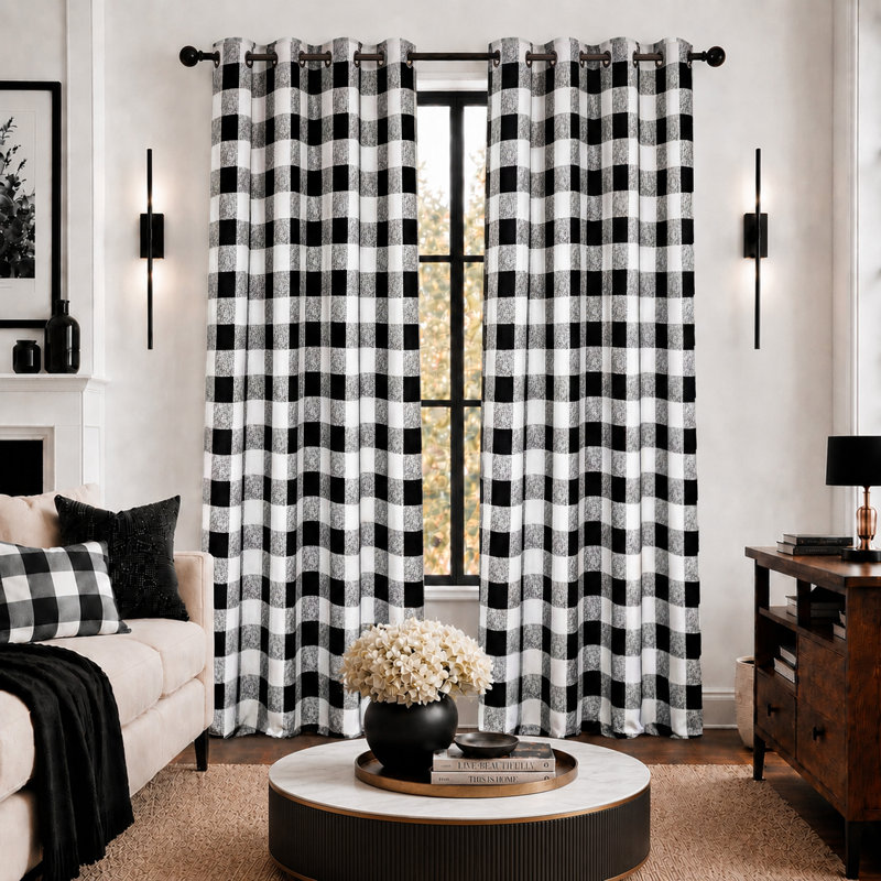 Burtonsville Buffalo Plaid Curtains 2 Panels Grommet Curtain Blackout Thermal Insulated Window Drapes, Black, 52" W x 96" L