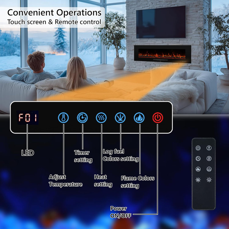 50" Electric Fireplace Inserts In-wall Recessed Fireplace Heater with Colorful Flame &Fuel