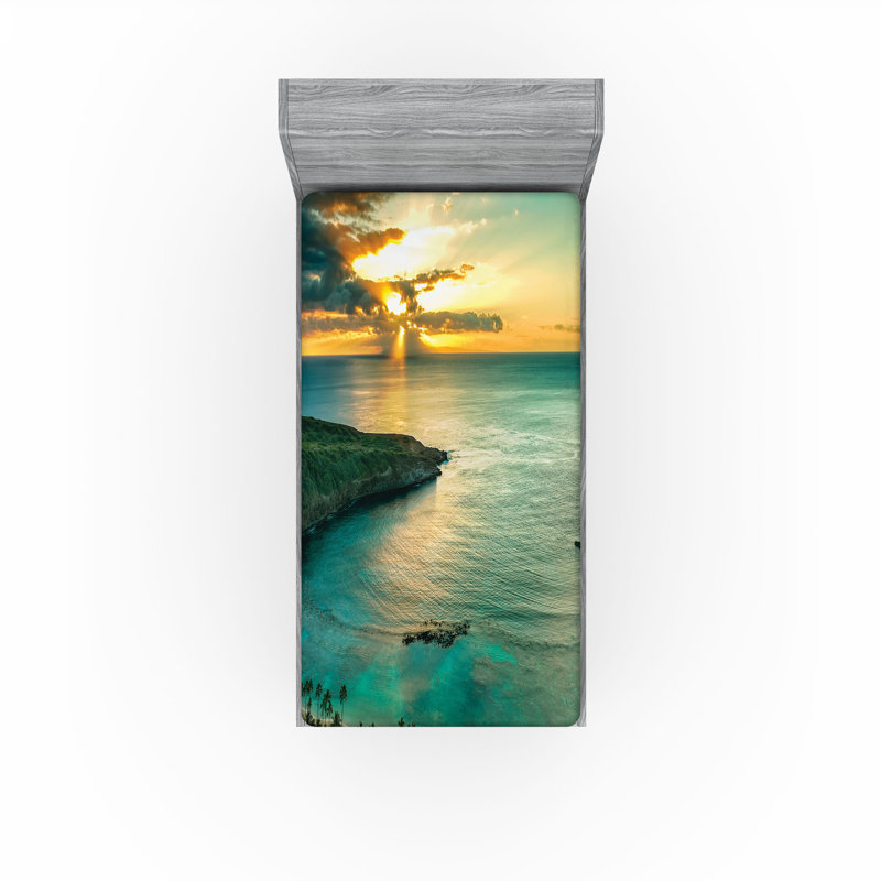 Ensemble de 2 draps-housse hawaïens Ambesonne Hanauma Bay sur Oahu turquoise vert jaune, Twin Extra Long Fitted Sheet