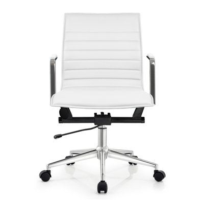 Mid-Back Modern Ribbed Office Chair – White PU Leather Swivel Task Chair with Chrome Base