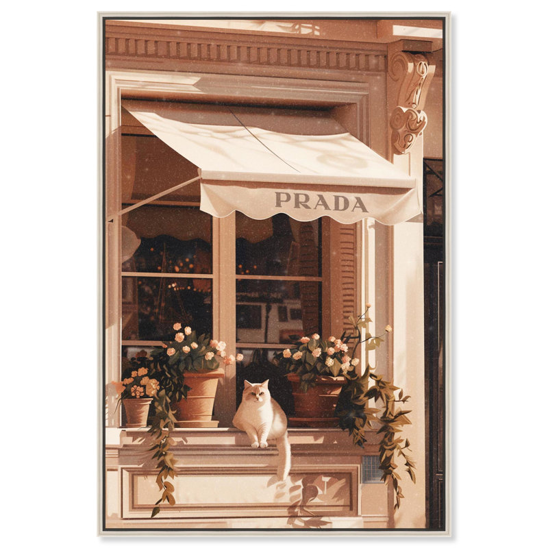 «Cat at the Store Window Canvas» par Art Remedy, H 46 po x l 31 po, Cadre argenté