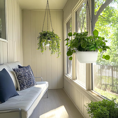 Hanging Planter Self Watering 8 Inch, 2 Pack White Indoor Hanging Plant Pots, Hanging Flower Pot With Drainage Hole & Plug & Chain With 3 Hooks