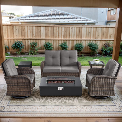 Esquer 5-Pieces Outdoor Wicker Patio Loveseat Conversation Furniture Set With Rocking & Swivel Chairs And Rectangular Fire Pit Table