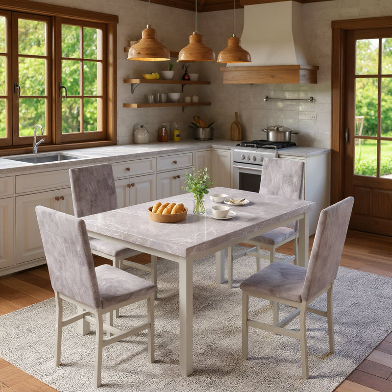 Janece 5 - Piece Dining Set with Velvet Upholstered Dining Chairs, Gray, Marble Gray/Gray Velvet