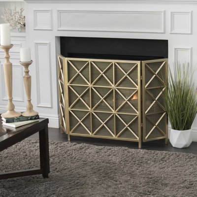 Fireplace Defensive Screen - Iron 3, X Pattern, Rose Gold/Black/Gold, 31.03"X49.63"X14 Security , Gold/Black/Gold Hues,