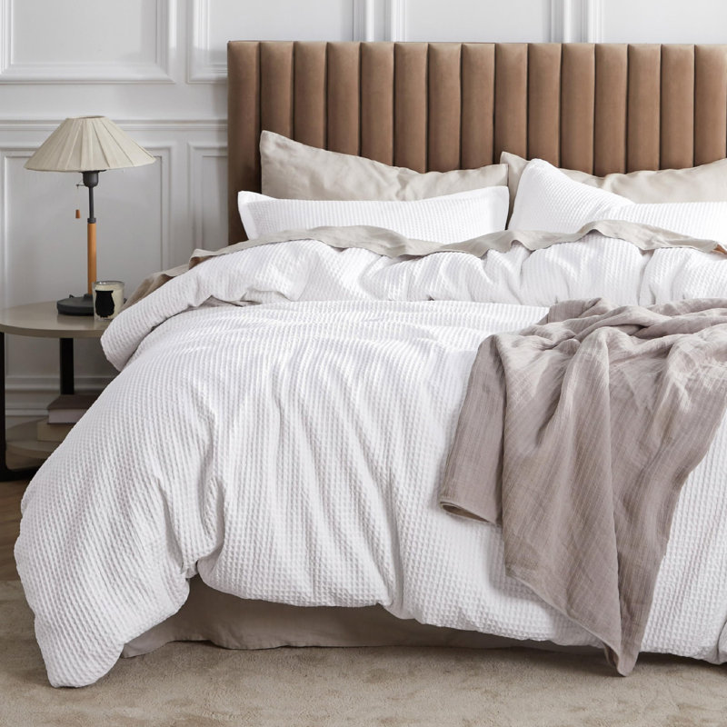 Essential Collection 100% Cotton Waffle Weave Duvet Cover Set, Bright White, Queen Duvet Cover + 2 Standard Shams