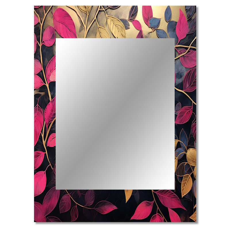 Or et breloque feuille rose en hiver - grand miroir à feuilles, décor de miroir mural traditionnel unique, impression d'art en métal