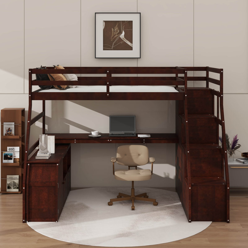 Lit mezzanine simple avec tiroirs et bureau, Lit simple, Espresso