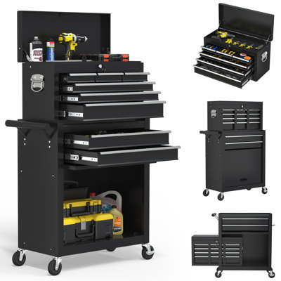 8-Drawer Tool Chest with Wheels，2-In-1 Detachable Metal Toolbox Storage Cabinet Organizer（Black）