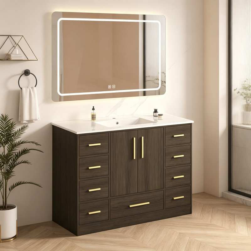 Meuble-lavabo avec 2 portes à fermeture douce et 9 tiroirs, Marron foncé