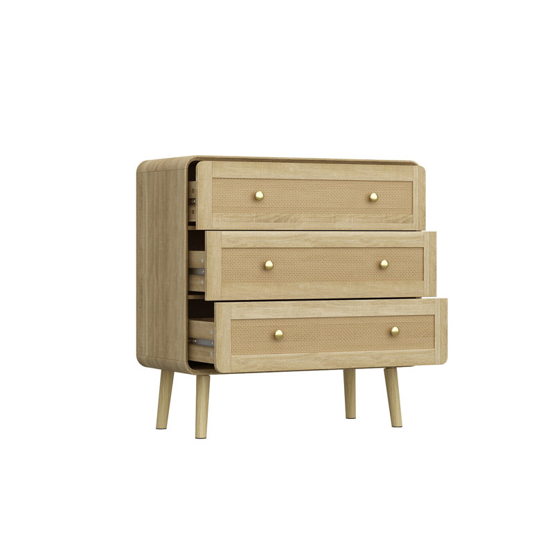 Mid-Century Modern Accent Chest With Rattan Detailing And Rubberwood Frame, 3 Drawers Storage Cabinet