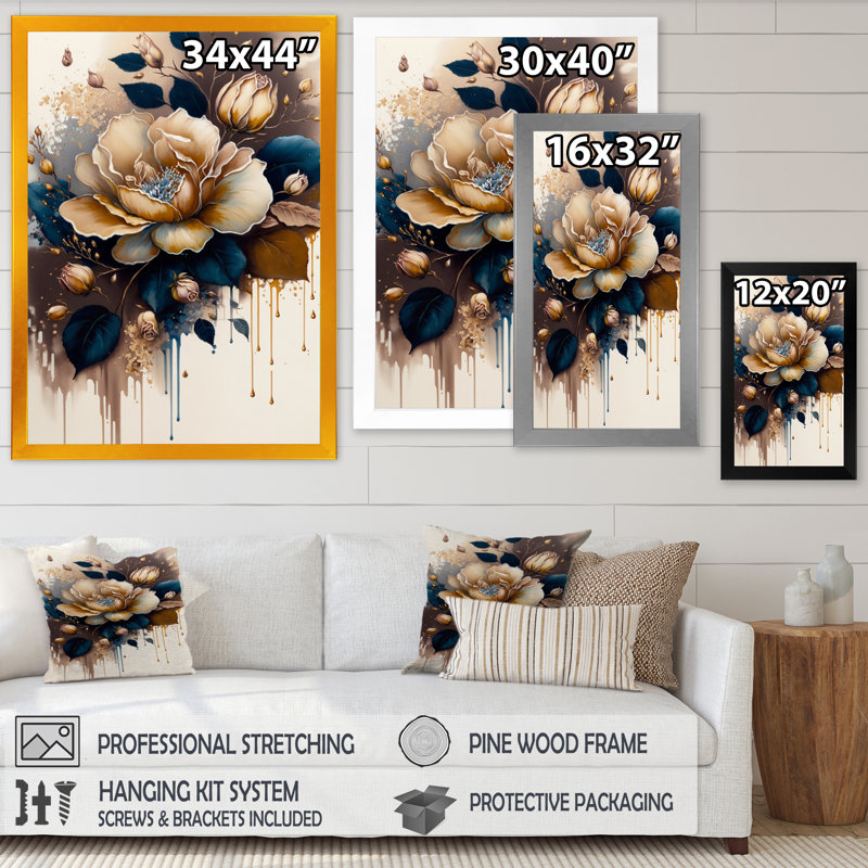 Art sur toile rose et brune, H 20 po x l 12 po x P 1 po, Impression dorée sur toile encadrée