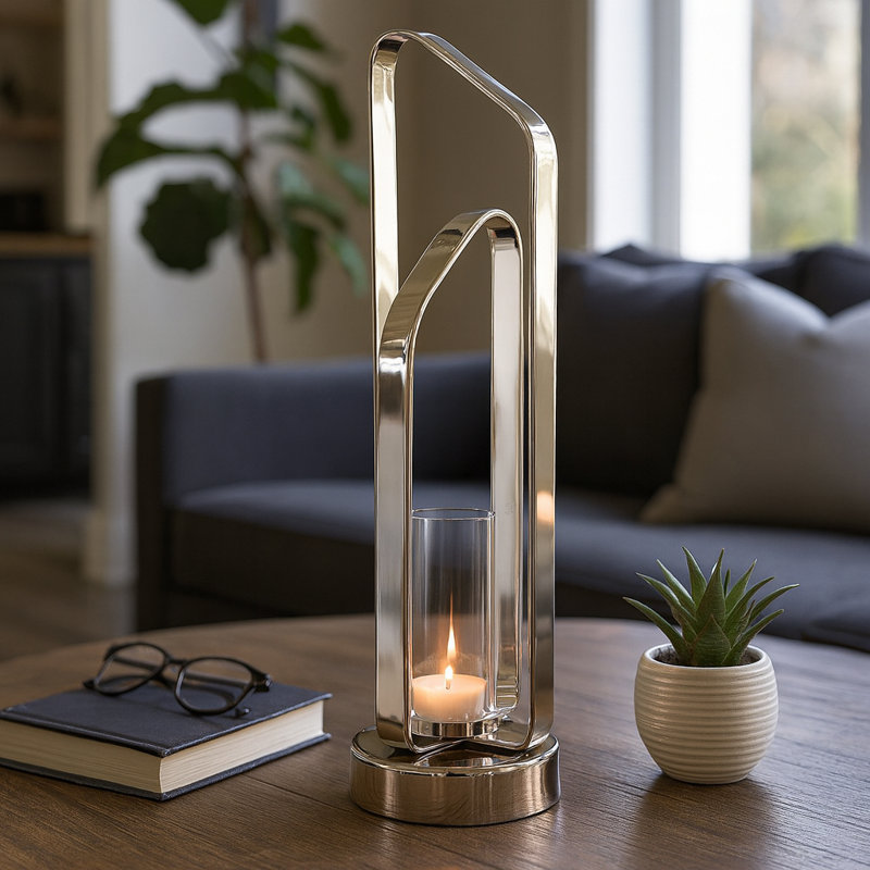 Decorative Sculptural Metal Candle Holder for Tabletop Accent - Modern Pillar Candlestick Holder for Entryway or Console Decor