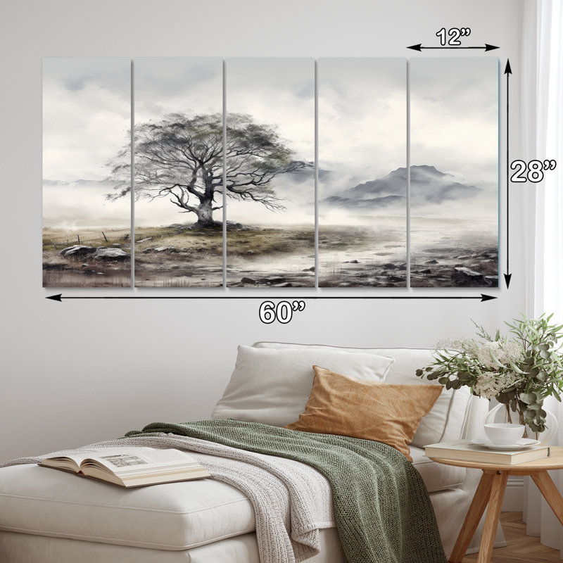 Arbre monochrome brumeux II paysage 5 pièces