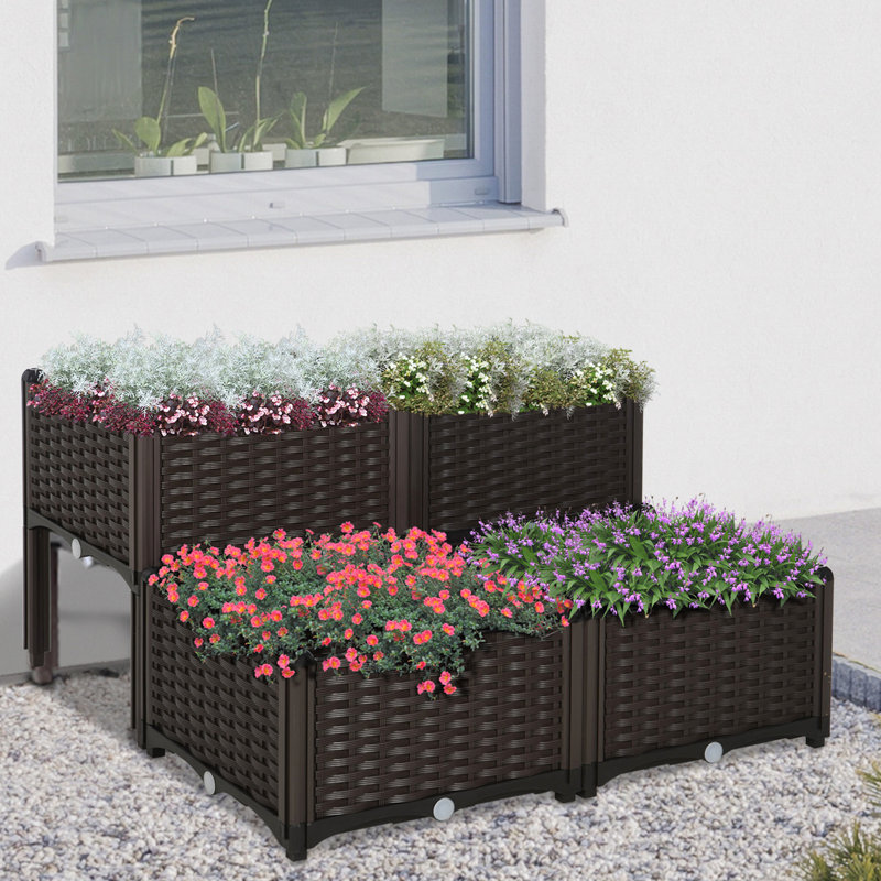 Lit de jardin surélevé avec pieds, jardinière en plastique à arrosage automatique pour herbes, légumes, fleurs, légumes 4 pièces brun intrigue
