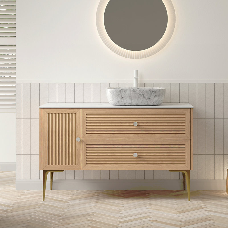 48" Bathroom Vanity & Sink, Freestanding Plywood Storage Cabinet with Legs, 1 Door & 2 Drawers, Carrara Sintered Stone Top & Marble Pattern Rectangle Ceramic Basin, Pre-assembled