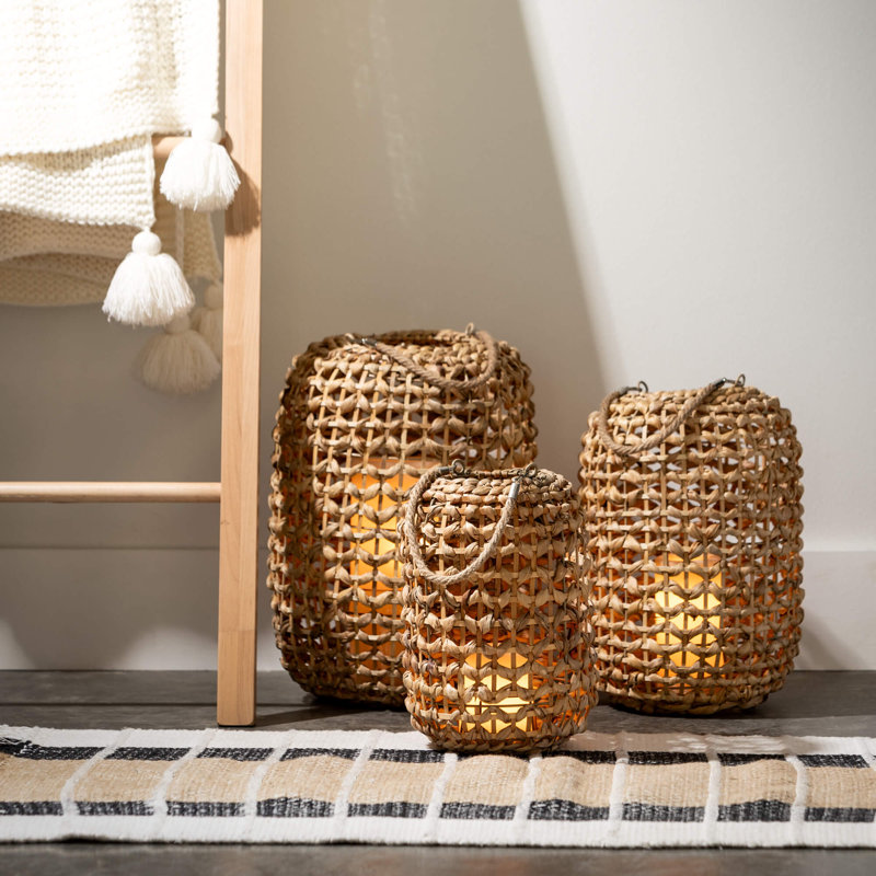 Natural Woven Rattan Hanging Lantern Set of 3, Brown