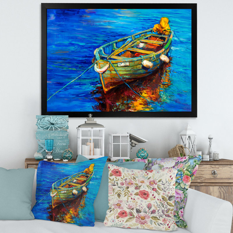 Bateaux qui reposent sur l'eau pendant un coucher de soleil chaud IV - peinture sur toile, H 16 po x l 32 po x p 1 po