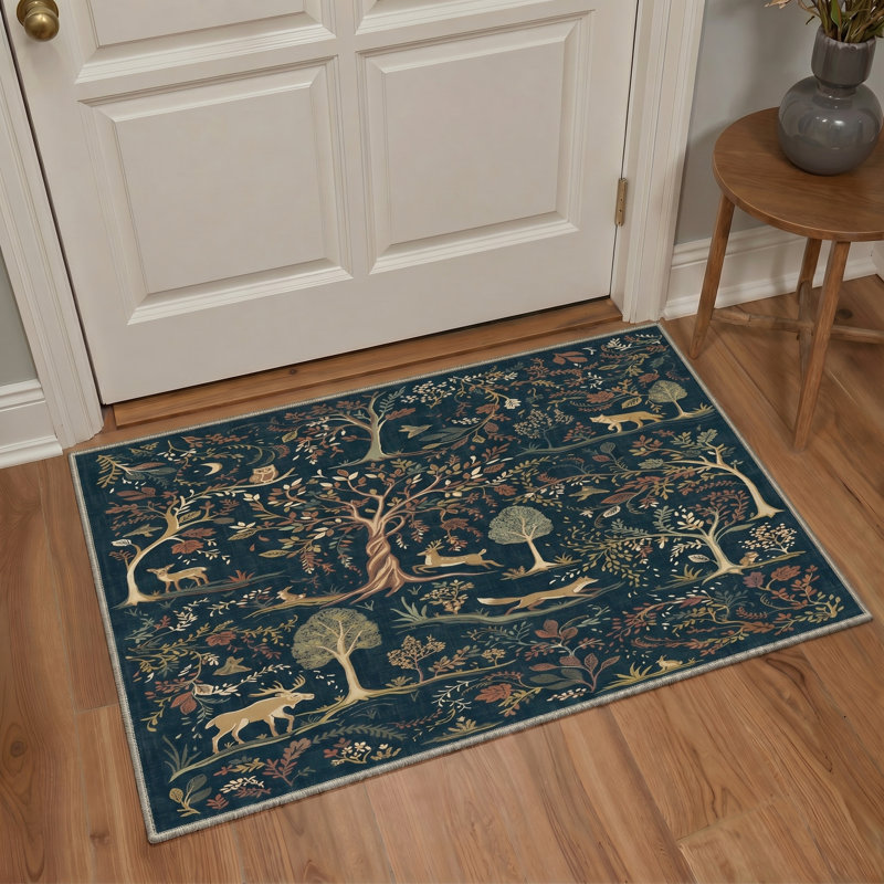 Tapis lavable à la machine Woodland Animals Botanical Forest, Rectangle 120 " x 96 "