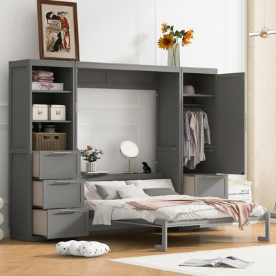 Grand lit escamotable mural avec placard, tiroirs et tablettes pour une utilisation compacte et multifonctionnelle