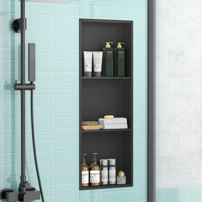 No Tile Needed: 12"W x 36"H 3-Tier Stainless Steel Shower Niche, Vertical or Horizontal Installation for Bathroom,Matte Black