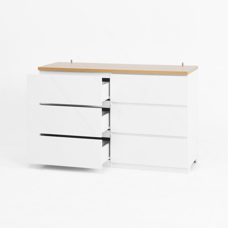 Armoire de rangement 6 tiroirs, commode, tour de rangement en bois, grande commode à 6 tiroirs, Blanc/naturel