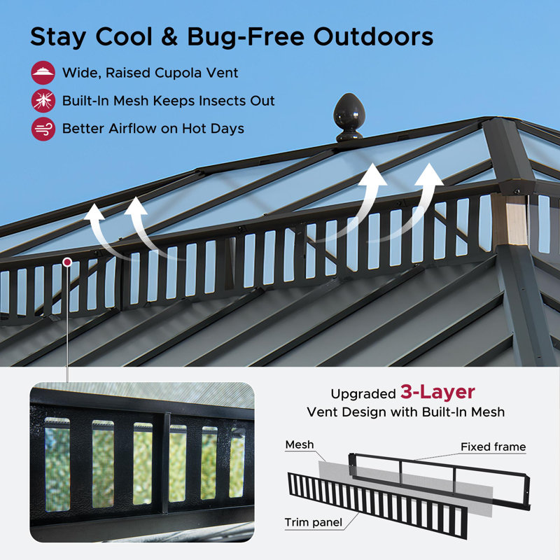 SUNJOY Kingston 16x12 Gazebo, Steel & PC Roof Hardtop Gazebo with Curtain and Netting - Woodgrain Aluminum Posts, Woodgrain