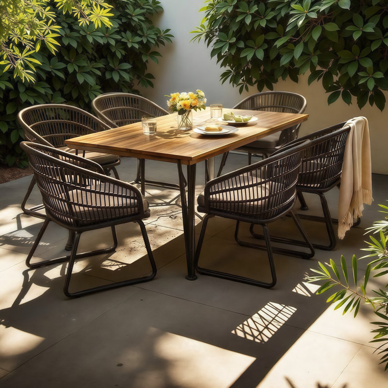 Ensemble repas d'extérieur 7 pièces pour 6 personnes | Table en acacia et chaises en rotin | Ensemble de patio moderne pour recevoir dans la cour arrière
