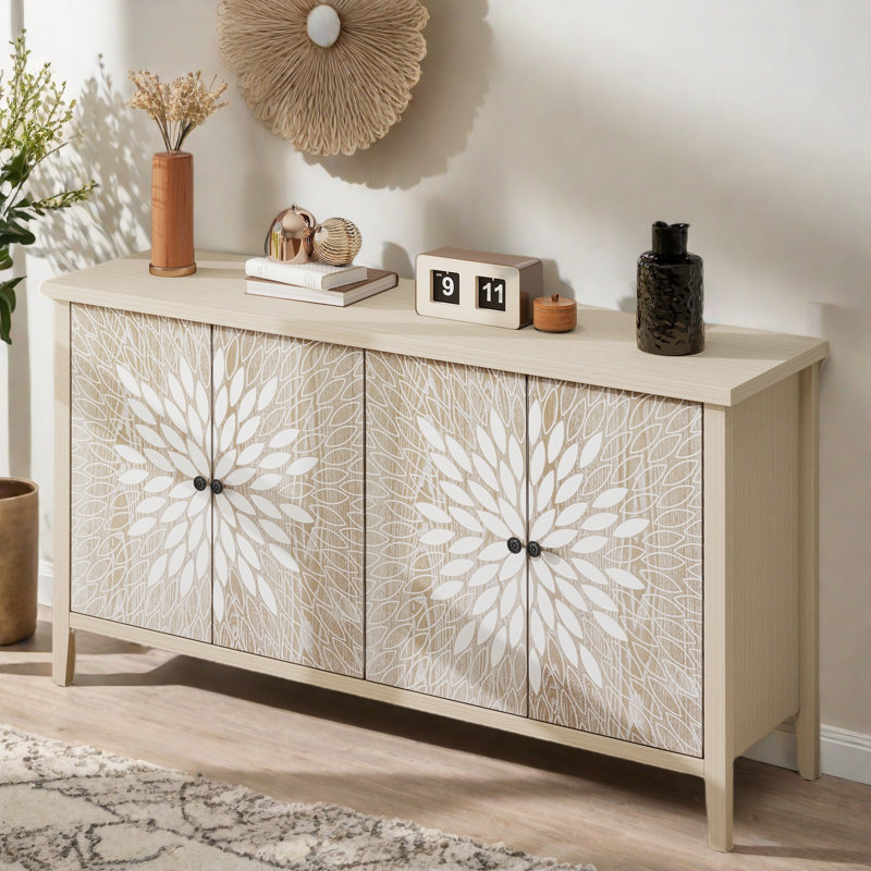Natural Wood 58in Sideboard with Carved Floral Pattern and Adjustable Shelves