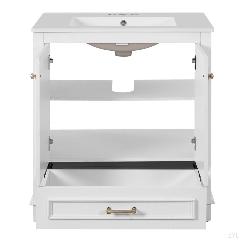 Meuble-lavabo de luxe 30 po avec lavabo en céramique, meuble-lavabo avec 2 grandes portes à fermeture douce, meuble de rangement en bois massif