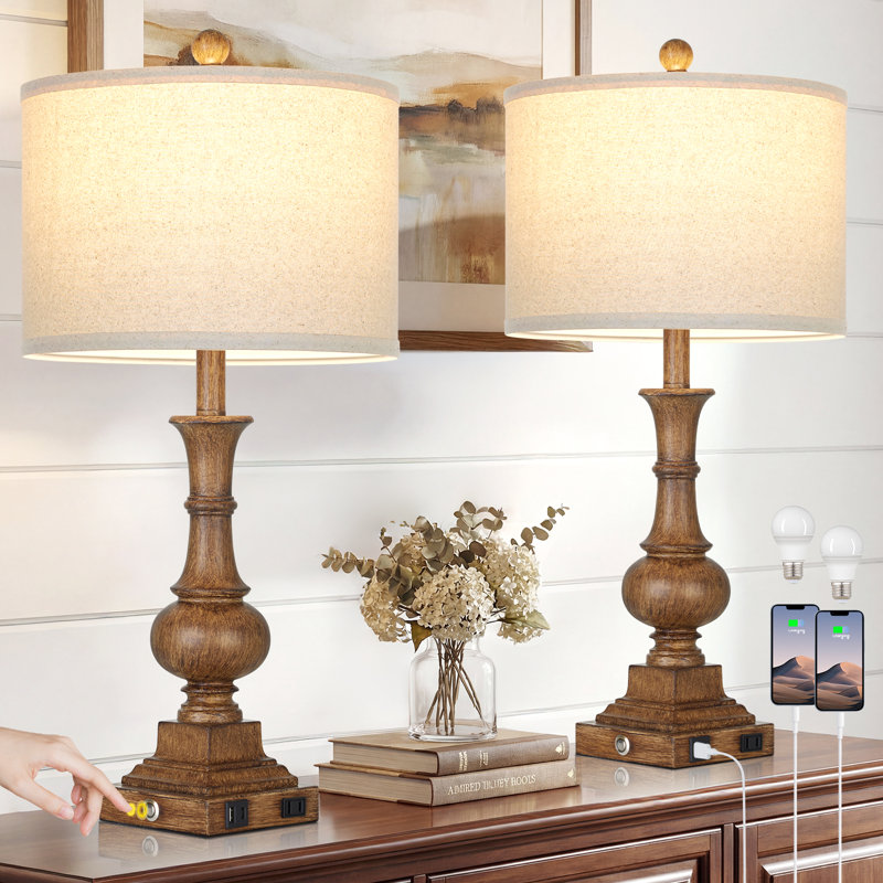 26" Farmhouse Table Lamps With Usb, Type-c & Touch Control