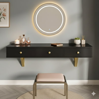 Tablette flottante de 47 pouces avec tiroir. Un meuble-lavabo mural polyvalent, un bureau ou une table flottante convenant aux chambres à coucher, aux salles de bain ou aux coiffeurs, en noir et or.