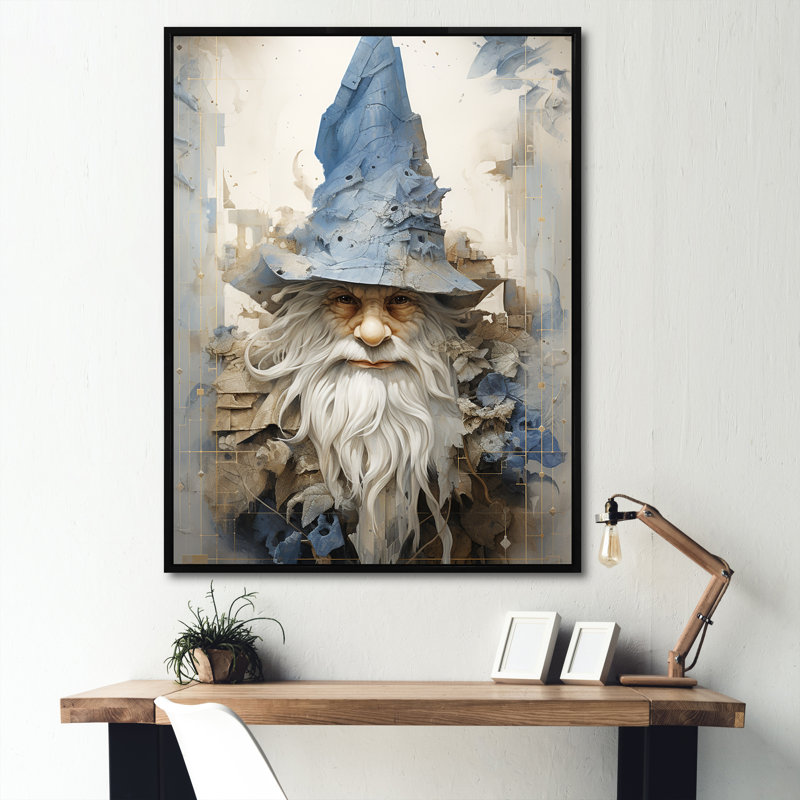 Minimalisme beige et gnome bleu sur toile, Cadre flottant noir, H 32 po x l 24 po x P 1 po