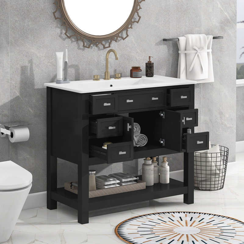 Armoire Hetzel avec 2 portes à fermeture douce et 6 tiroirs, Noir