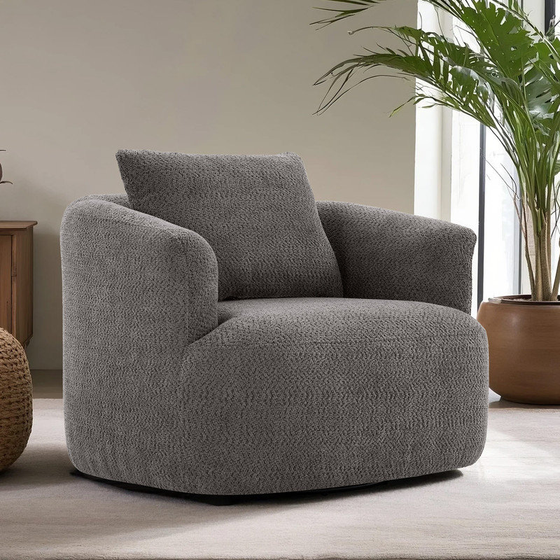 Modern 360° Swivel Boucle Accent Chair with Pillow, Gray