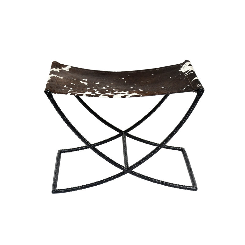 Tabouret d'appoint en cuir de vache avec base en fer, Brun / Blanc
