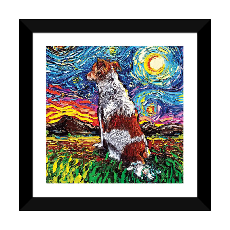"Kooikerhondje Night" par aja Trèves, reproduction d’art, Papier encadré noir, Blanc, H 16 po x l 16 po x p 1 po