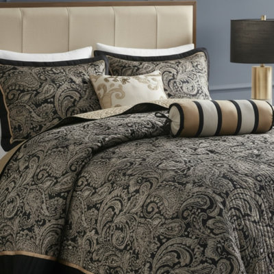 Ensemble de couvre-lit en jacquard 5 pièces avec coussins décoratifs noir très grand